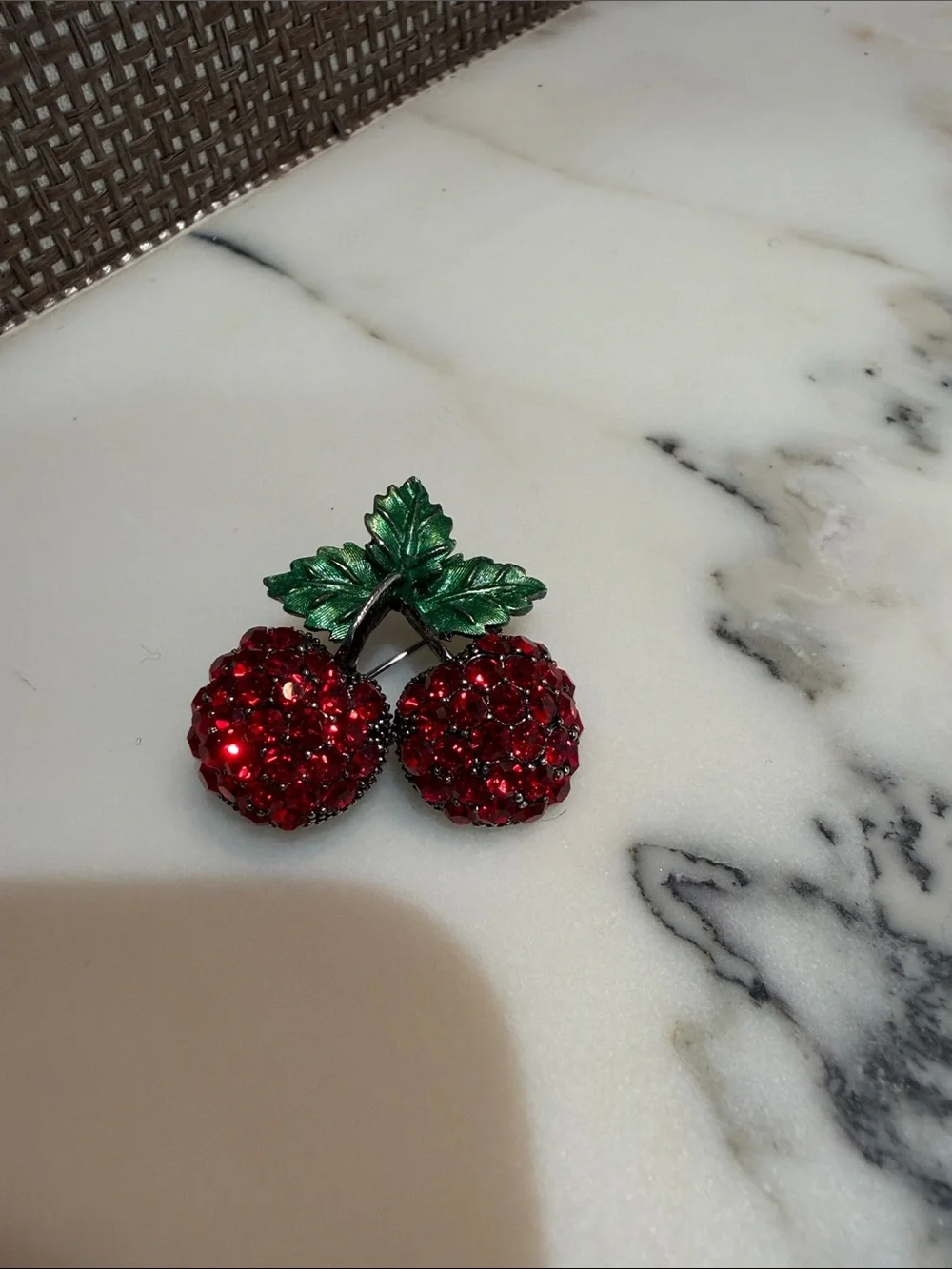Red Crystal Cherry Pin Brooch with Green Leaves
